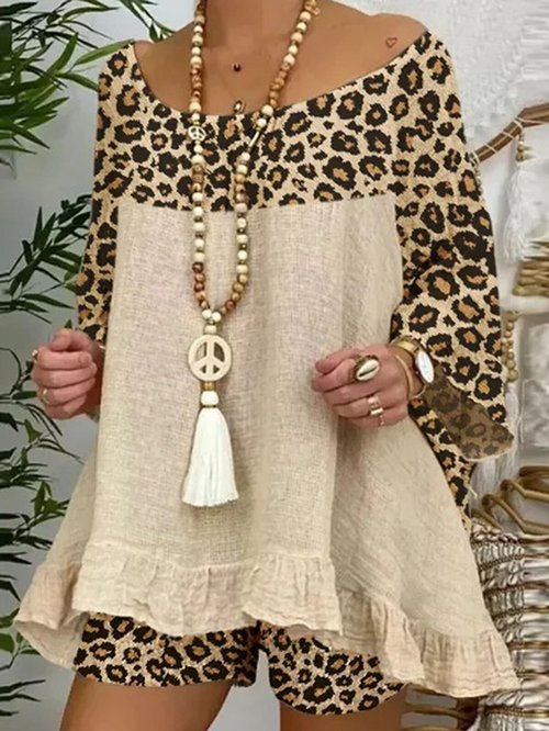 Womens Leopard Stitching Cotton Suit