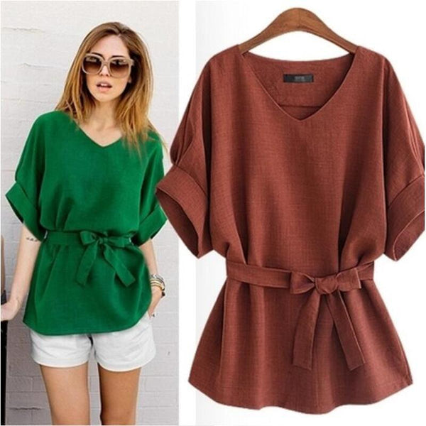 Linen Short Sleeved Shirt With V Neckline