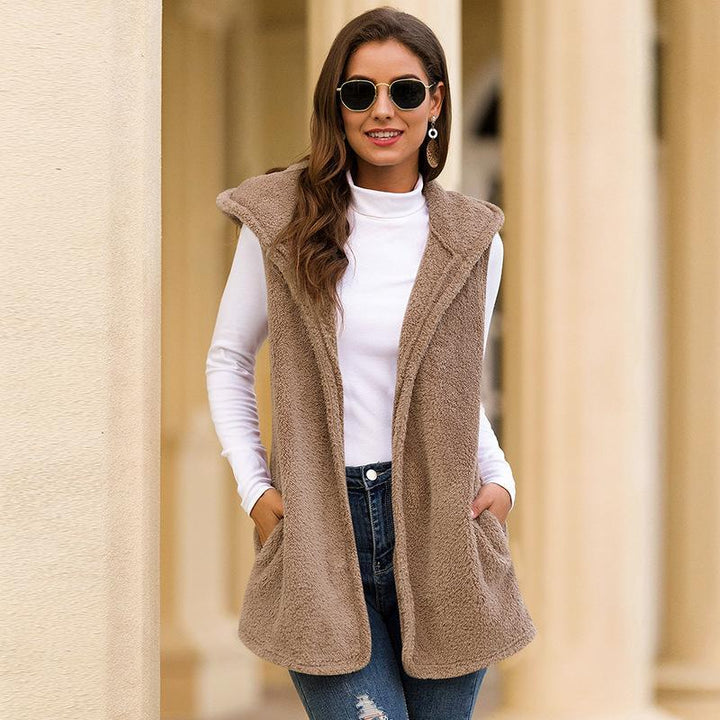 Hooded plush vest jacket